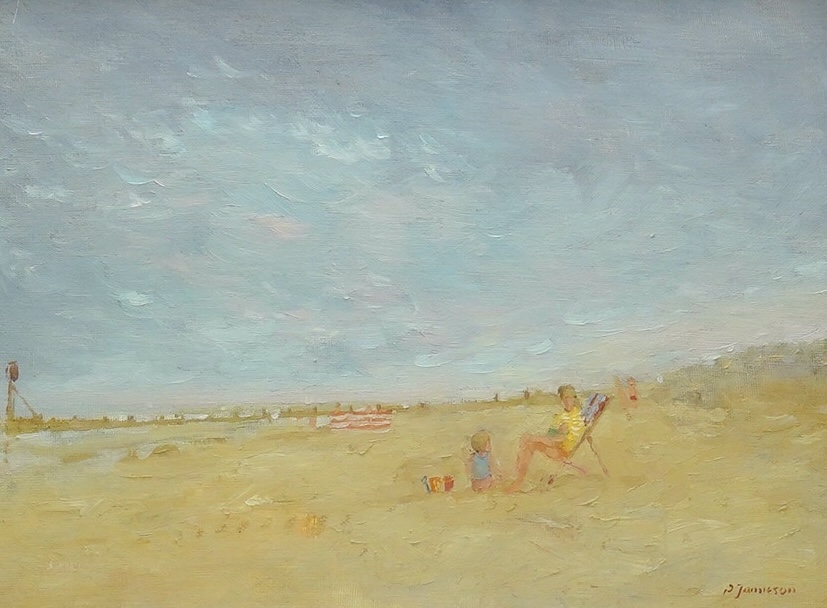 Peter Jamieson (b.1945), oil on canvas board, 'On the Beach', signed, 25 x 33cm, gilt framed. Condition - good
